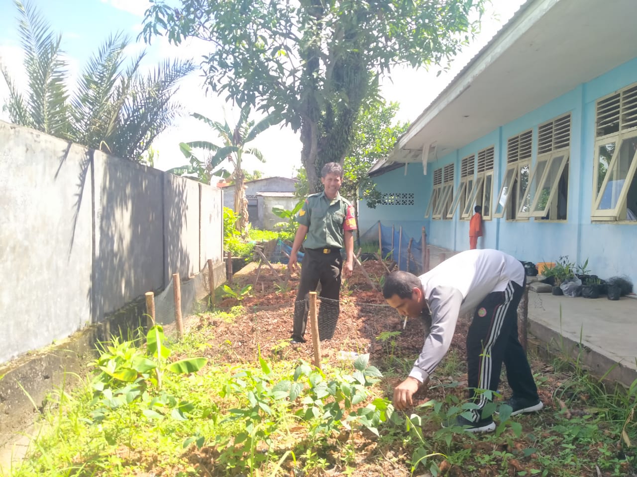 Serma Sarwo Edi bantu penjaga sekolah membersihkan kebun sekolah,Kamis (21/9/2023)